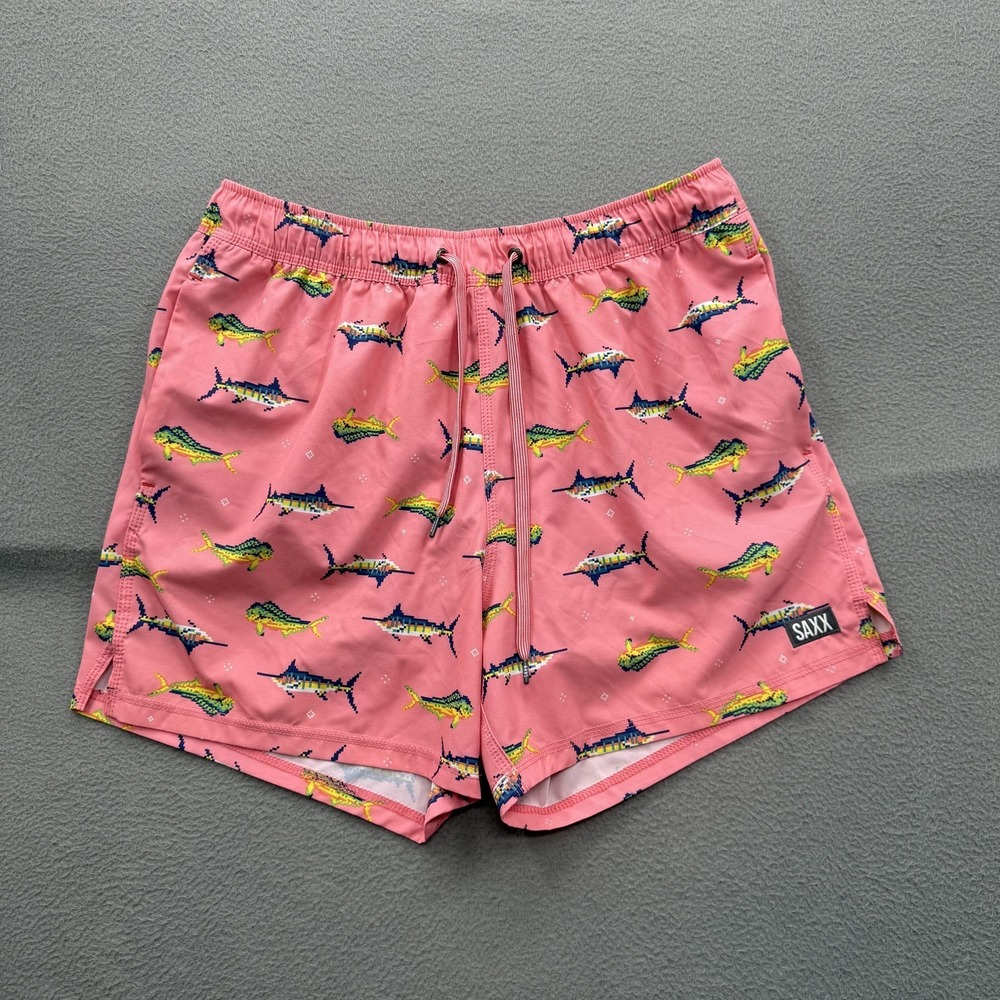 SAXX Swim Shorts Mens Large Pink Tropical Fish Print Trunks Lined Stretch